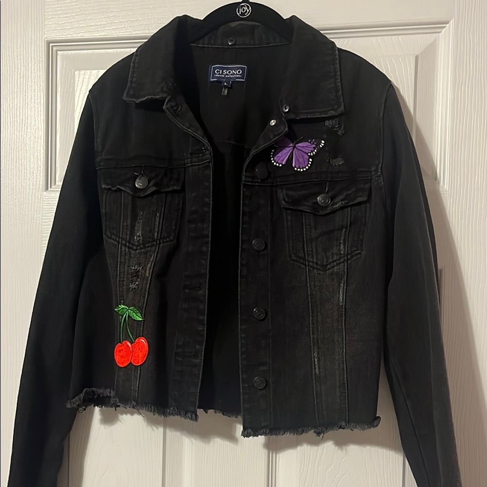 Ci Sono Perfect Fit Black Denim Jacket w/ Patches Beat It Cherries Butterfly